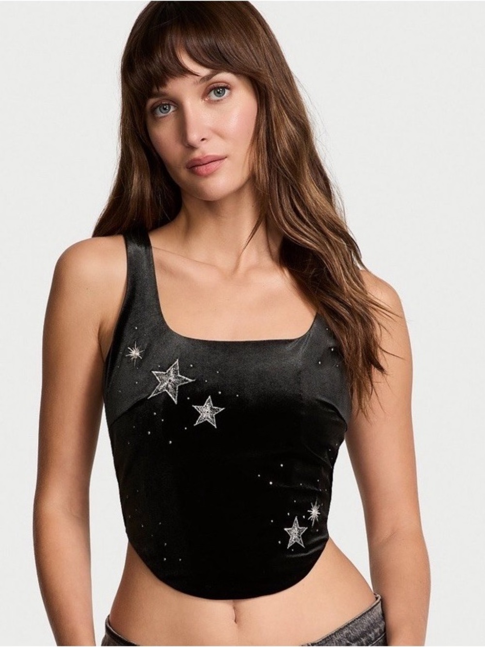 Victoria’s Secret Black Velvet with silver Star embroidered Tank Top